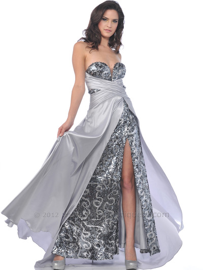 9534 Silver Strapless Charmeuse Overlay Sequin Evening Dress - Silver, Front View Medium