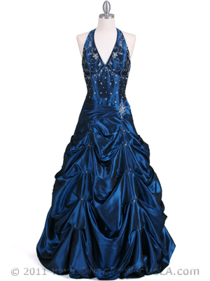 9828 Deep Blue Halter Top Beaded Evening Gown, Deep Blue