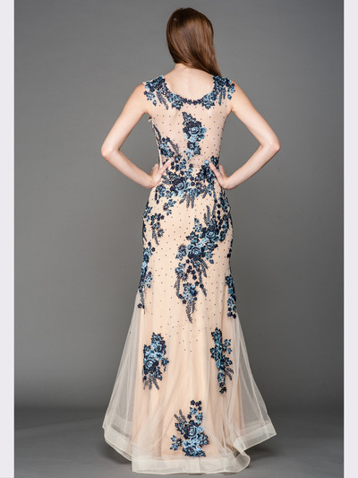 A636 Embroidery Sheer Evening Dress  - Blue, Back View Medium