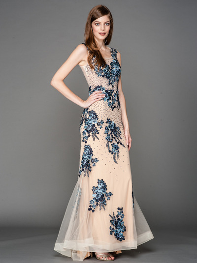 A636 Embroidery Sheer Evening Dress  - Blue, Front View Medium