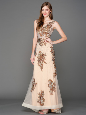 A636 Embroidery Sheer Evening Dress , Brown