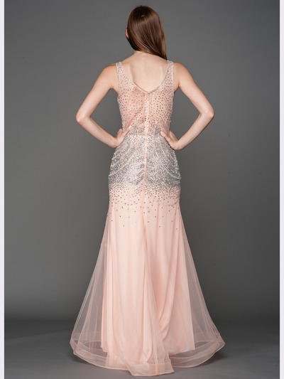 A637 V Neck Embellished Evening Dress - Blush, Back View Medium