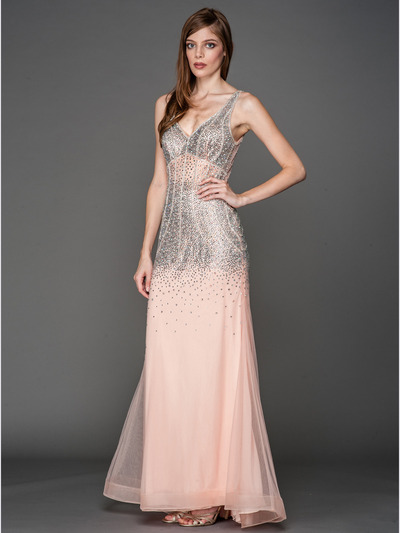 A637 V Neck Embellished Evening Dress - Blush, Front View Medium