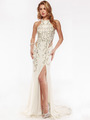 AC552 High Neck Embellished Evening Dress with Side Panel     - Off White, Front View Thumbnail