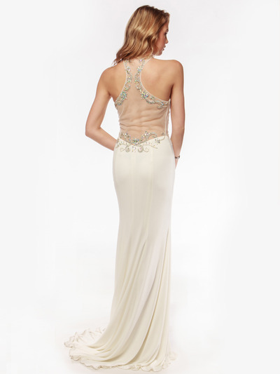 AC552 High Neck Embellished Evening Dress with Side Panel     - Off White, Back View Medium