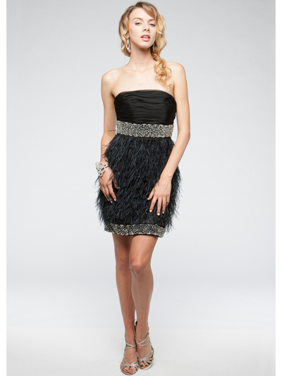 AC611 Beads and Feather Formal Cocktail Dress - Black, Front View Medium