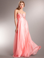 AC625 Sparkly Floral Empire Waist Evening Dress - Coral, Front View Thumbnail