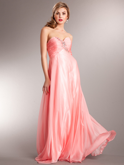 AC625 Sparkly Floral Empire Waist Evening Dress - Coral, Front View Medium