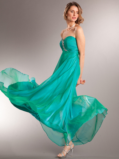 AC625 Sparkly Floral Empire Waist Evening Dress - Emerald Green, Front View Medium