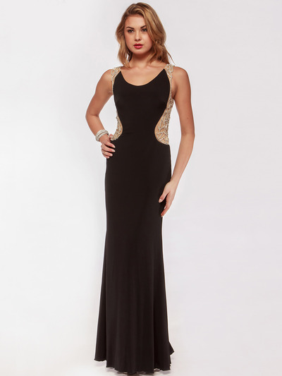 AC631 Round Neck Shimmering Back Evening Prom Dress - Black, Front View Medium