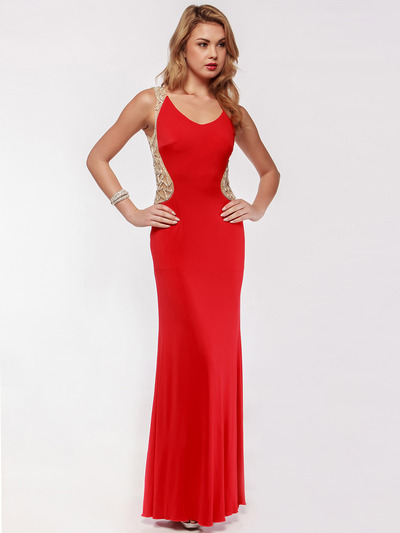 AC631 Round Neck Shimmering Back Evening Prom Dress - Red, Front View Medium
