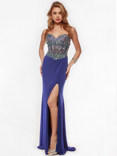 AC633 Jeweled Strapless Evening Dress with Slit - Royal Blue, Front View Medium