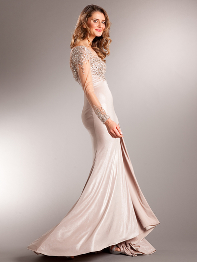 AC707 Long Chiffon Sleeves Crystal Evening Gown - Champagne, Back View Medium