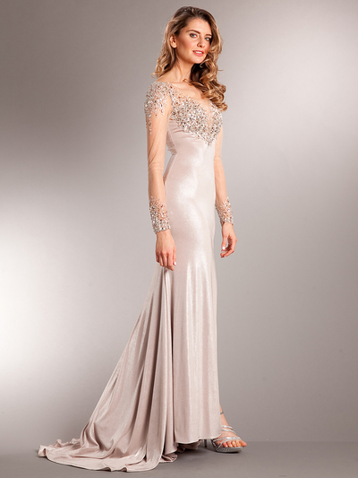 AC707 Long Chiffon Sleeves Crystal Evening Gown - Champagne, Front View Medium