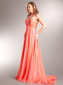 AC715 Beaded Strap Halter Chiffon Evening Dress - Coral, Alt View Thumbnail
