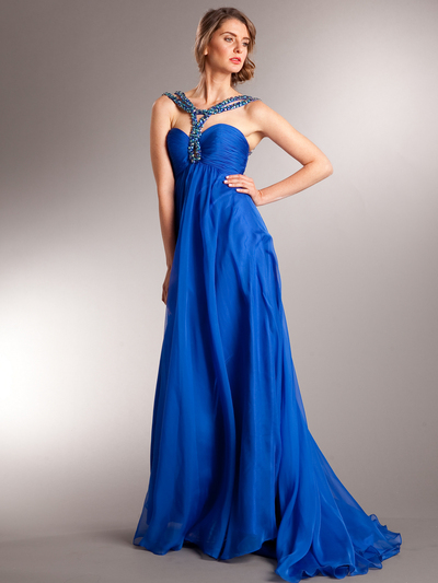 AC715 Beaded Strap Halter Chiffon Evening Dress - Royal Blue, Front View Medium