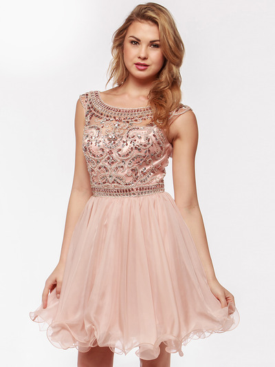 AC719 Beads and Sequin Bodice Homecoming Dress - Blush, Front View Medium