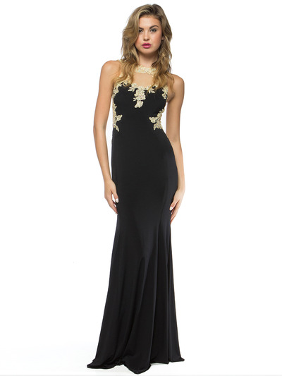 AC724 Illusion Neckline Evening Dress with Emboridery Trim - Black, Front View Medium