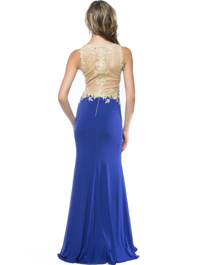 AC724 Illusion Neckline Evening Dress with Emboridery Trim - Royal, Back View Medium