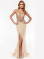 AC729 Sleeveless Illusion Bodice Evening Dress - Nude, Front View Thumbnail