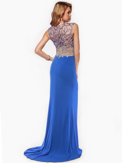 AC729 Sleeveless Illusion Bodice Evening Dress - Royal Blue, Back View Medium