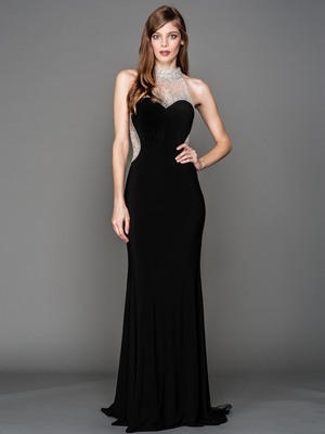 AC802 Jeweled Neck Sweetheart Evening Dress with Train, Black