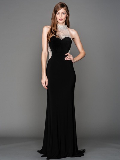 AC802 Jeweled Neck Sweetheart Evening Dress with Train - Black, Front View Medium
