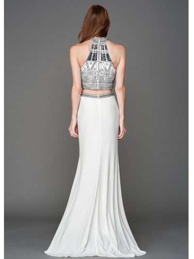 AC804 Halter Jeweled Top Evening Dress - Off White, Back View Medium