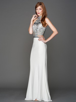 AC804 Halter Jeweled Top Evening Dress, Off White