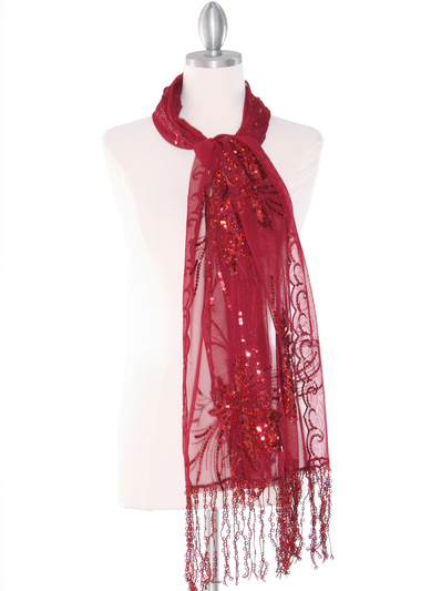 AS832 Rectangle Sheer Lace Sequin Shawl - Burgundy, Front View Medium