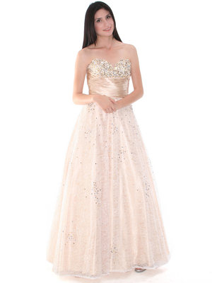B3468 Gold Lace Prom Gown, Gold