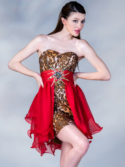 C11887 Leopard Print and Red Overlay Short Prom Dress - Red Leopard, Front View Medium