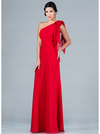 C1294 One Shoulder Chiffon Evening Dress - Red, Front View Medium