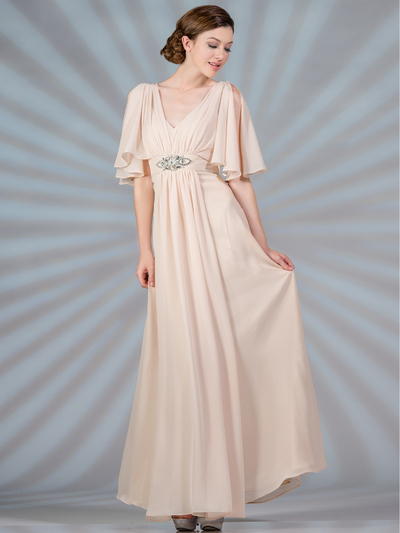 C1295 Flutter Sleeve Mother of the Bride Dress - Champagne, Front View Medium