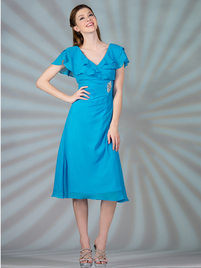 C1297 Flowy Chiffon Cocktail Dress - Blue, Front View Medium