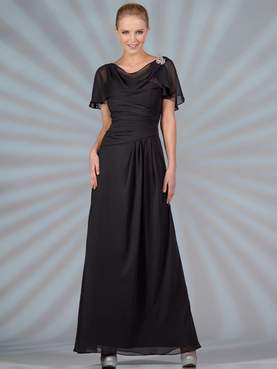 C1299 Chiffon Sleeves Evening Dress - Black, Front View Medium