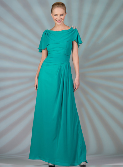 C1299 Chiffon Sleeves Evening Dress - Jade, Front View Medium