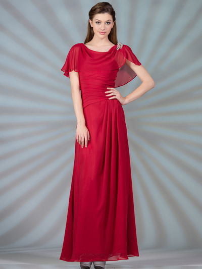 C1299 Chiffon Sleeves Evening Dress - Red, Front View Medium