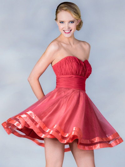 C1360 Pleated Cocktail Dress - Coral, Front View Medium