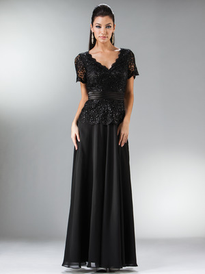 C1452 Embellished Short Sleeve Chiffon MOB Dress, Black