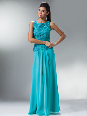 C1453 Embellished Bodice Chiffon Evening Dress, Aqua
