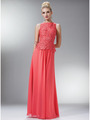 C1453 Embellished Bodice Chiffon Evening Dress - Coral, Front View Thumbnail