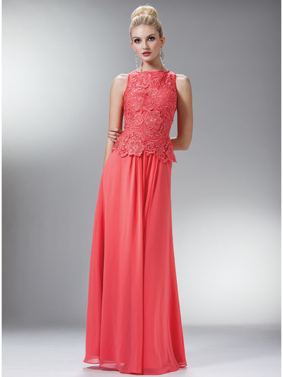 C1453 Embellished Bodice Chiffon Evening Dress - Coral, Front View Medium