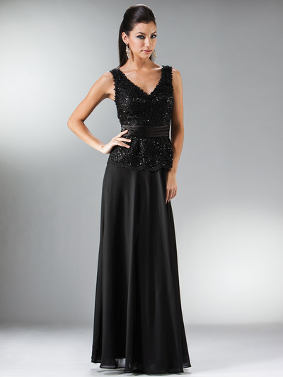 C1455 Rosette Trim Embellished Chiffon MOB Evening Dress - Black, Front View Medium