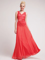 C1455 Rosette Trim Embellished Chiffon MOB Evening Dress - Coral, Front View Thumbnail