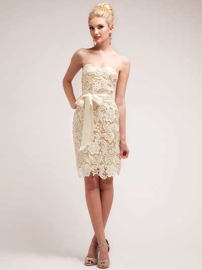 C1467 Strapless Sweetheart Lace Ovelay Cocktail Dress - Gold, Front View Medium