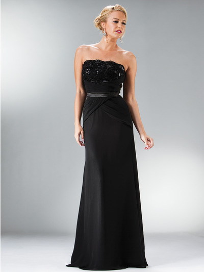 C1468 Strapless Wrap Waist Evening Dress - Black, Front View Medium