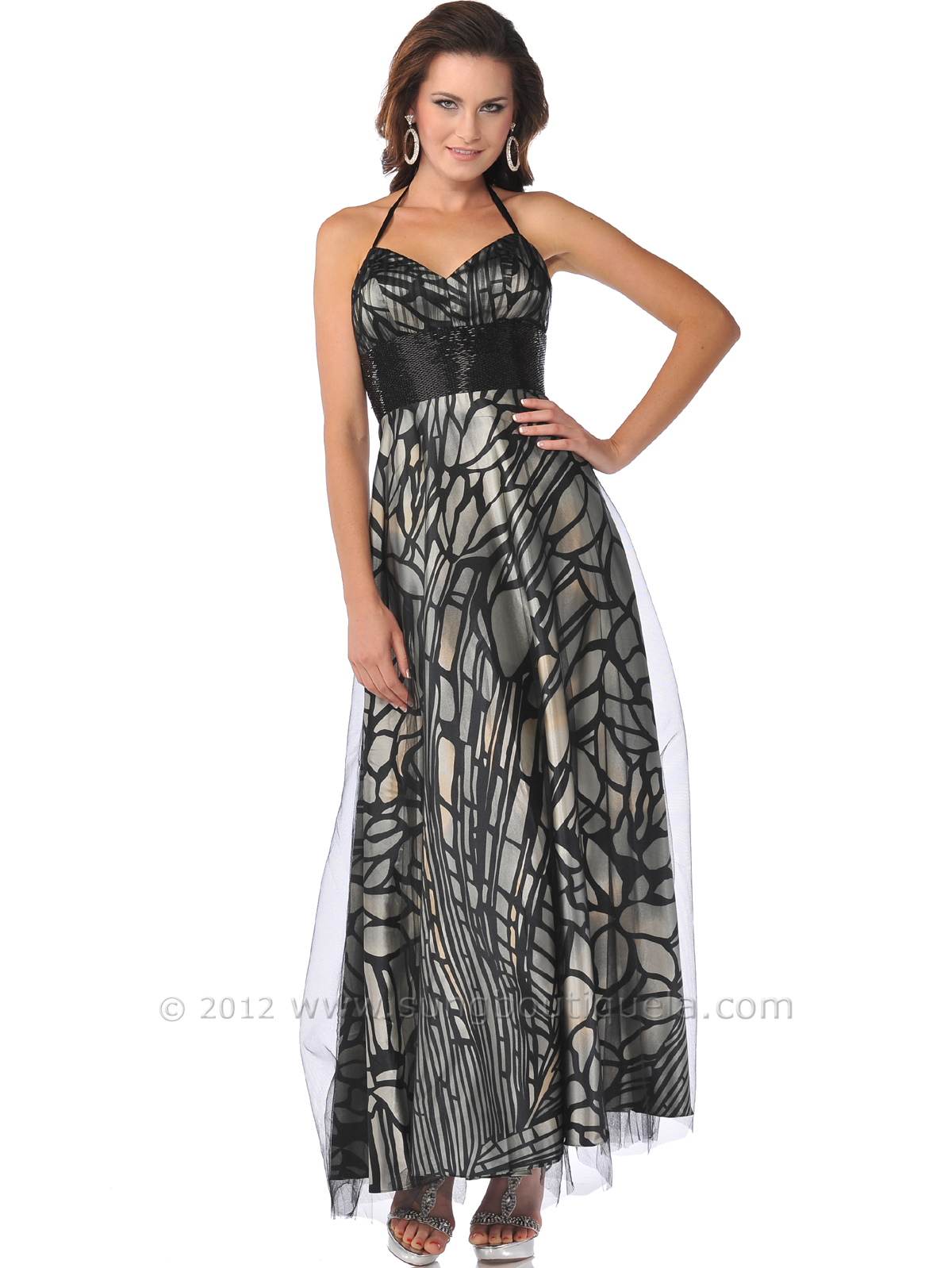 C1486 Halter Lace Overlay Print Evening Dress with Beaded Empire Waist - Front Image