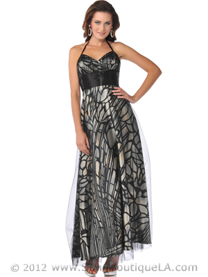 C1486 Halter Lace Overlay Print Evening Dress with Beaded Empire Waist, Print