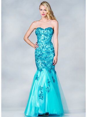 C1901 Lace and Sequin Prom Dress, Aqua